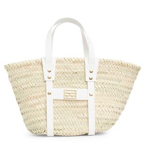 Frame Mini Straw Tote in Natural with White Leather and Gold Hardware.